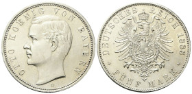 Germania Bayern. Otto I, 1886-1913. 5 Marchi 1888. Ag gr. 27,76 Dr. Testa nuda a d. Rv. Stemma caricato su aquila coronata. KM#808;Y.44. Raro. q. FDC