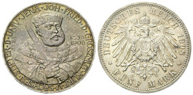 GERMANIA Sachsen-Weimar-Eisenach. Wilhelm Ernst, 1901-1918. 5 Mark 1908. Ag gr. 27,74 Dr. Busto di scorcio verso d., con copricapo e spada. Dr. Aquila...