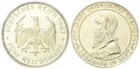 GERMANIA Repubblica di Weimar, 1918-1933. 5 Reichsmark 1927 F, Università di Tübingen. Ag gr. 25,25 Dr. Aquila ad ali spiegate. Rv. Busto del fondator...