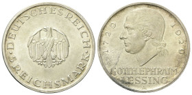 GERMANIA Repubblica di Weimar, 1918-1933. 5 Reichsmark 1929 G, Gotthold Lessing. Ag gr. 24,93 Dr. Aquila ad ali spiegate. Rv. Testa di Gotthold Lessin...
