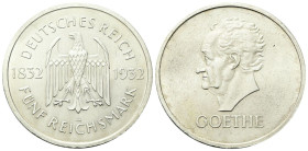GERMANIA Repubblica di Weimar, 1918-1933. 5 Reichsmark 1932 A, Johann Wolfgang von Goethe. Ag gr. 25,05 Dr. Aquila ad ali spiegate. Rv. Testa di Goeth...