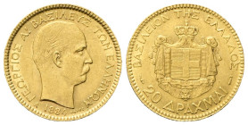 GRECIA Giorgio I, 1863-1913. 20 Dracme 1884. Au gr. 6,42 Dr. Testa nuda a d. Rv. Stemma coronato entro padiglione. Fried. 18. SPL