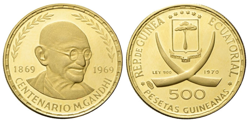 guinea equatoriale Repubblica, dal 1968. 500 Pesetas 1970, Mahatma Gandhi. Au gr...