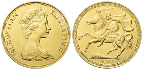 Isola di Man Elisabetta II, dal 1952. 5 Sterline 1977. Au gr. 40,22 Dr. Busto diademato a d. Rv. Vichingo al galoppo verso s. KM#29; Fr. 4. FDC