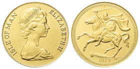 Isola di Man Elisabetta II, dal 1952. Sterlina 1977. Au gr. 8 Dr. Busto diademato a d. Rv. Vichingo al galoppo verso s. KM#27; Fr. 6. FDC