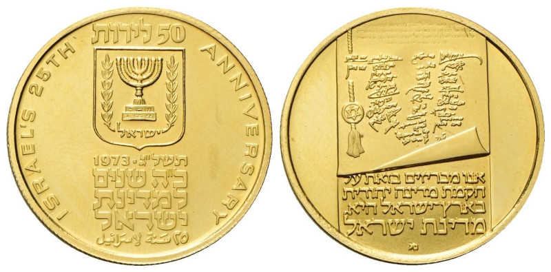 israele Repubblica, dal 1949. 100 Lirot 1973, 25° Indipendenza. Au gr. 7,02 Dr. ...