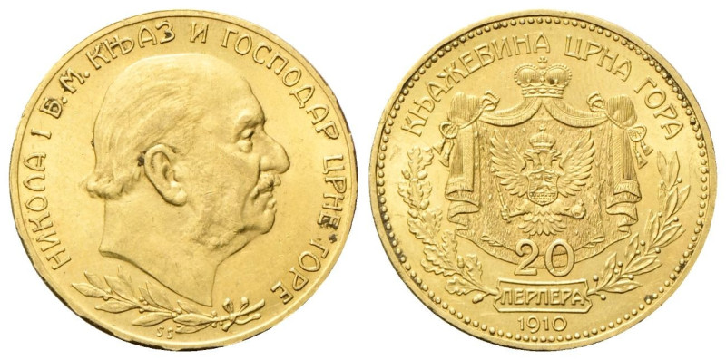 MONTENEGRO Nicola I, 1860-1918. 20 Perpera 1910, testa a destra. Au gr. 6,77 Dr....