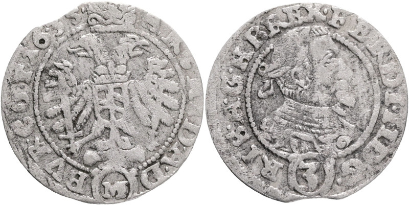 Bohemia 3 Kreuzer 1635 MF FERDINAND II. Austria Moravia Olmutz (Olomouc), R!
MK...