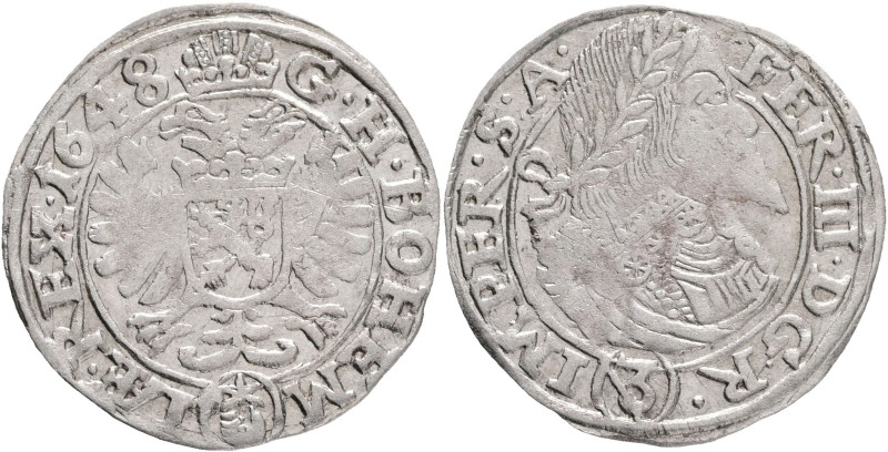 Bohemia 3 Kreuzer 1648 FERDINAND III. Austria, Prague (Praha), R!
MKČ 1181 Silv...