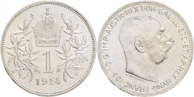 Austria 1 Corona 1914 Schwartz FRANZ JOSEPH I.
KM#2821 Ag.835 5,02g, 27,1/2mm Lustr mint
UNC