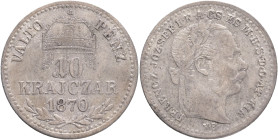 Hungary 10 Kreuzer 1870 K.B. Valto Penz FRANZ JOSEPH I. Kremnica
KM#451 Billon Ag.400, 1,666g 18/0,8mm mint Kremnica
VF