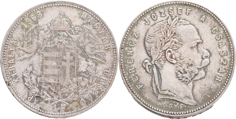 Hungary 1 Forint 1868 G.Y.F. FRANZ JOSEPH I. Karlsburg
KM#449,ÉH#1463,Ag.900, 1...