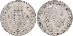 Hungary 1 Forint 1886 KB FRANZ JOSEPH I.
KM#469,ÉH#1466 Ag.900, 12,29g 29/2,mm Franz Joseph I. Kremnica
VF