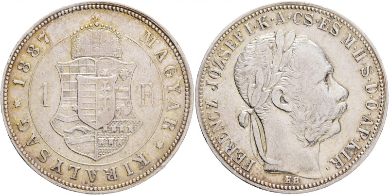 Hungary 1 Forint 1887 KB FRANZ JOSEPH I.
KM#469,ÉH#1466 Ag.900, 12,37g 29/2,mm ...