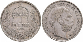 Hungary 1 Korona 1892 K.B. Franz Joseph I.
KM#492, ÉH#1495 Ag.835 5,03g, 23/1,5mm Kremnica
UNC-
