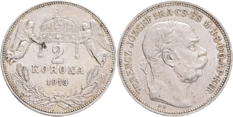Hungary 2 Korona KB 1913 FRANZ JOSEPH I. 
KM#493 Ag.835 10g 27/2mm mint Kremnic...