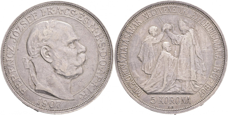 Hungary 5 Corona 1907 K.B. Franz Joseph I. 40th Anniversary of the Coronation FJ...