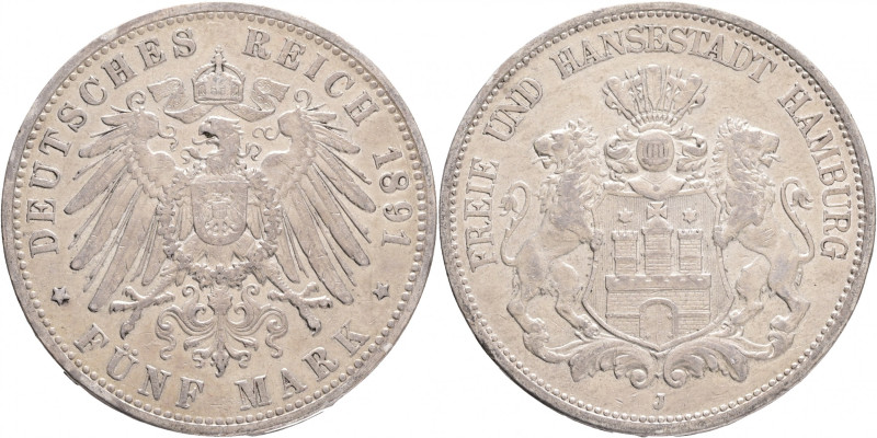 Hamburg 5 Mark 1891 J Free City
 J#65, Ag.900 27,77g , 38mm, Hamburg 
XF/VF