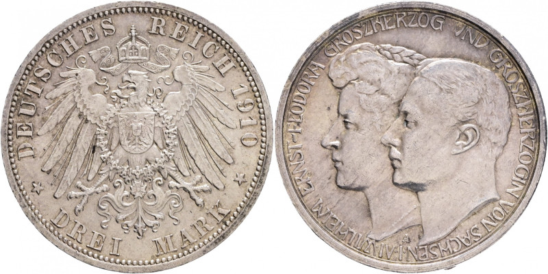 Saxe-Weimar-Eisenach 3 Mark 1910 A Groszherzog WILHELM ERNST and FEODORA second ...