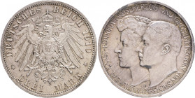 Saxe-Weimar-Eisenach 3 Mark 1910 A Groszherzog WILHELM ERNST and FEODORA second marriage
J#162 Silver Ag.900 16,67g 33mm mint Berlin
UNC-