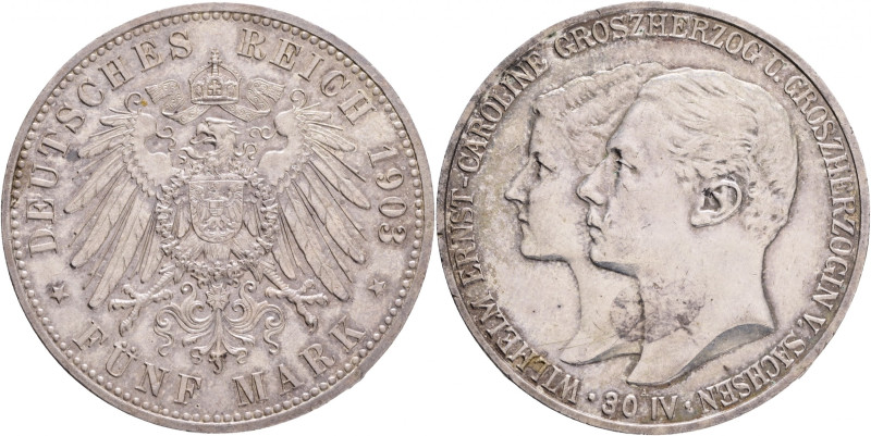 Saxe-Weimar-Eisenach 5 Mark 1903 A Grand Duke´s First Marriage
J#159 Ag.900 27,...