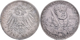 Saxe-Weimar-Eisenach 5 Mark 1908 A 350 Anniversary of University JENA
J#161 Ag.900 27,79g 38mm mint Berlin
UNC-