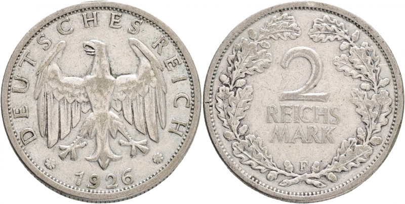 Weimar rep. 2 Mark 1926 F 
 J#320, Ag.500 10g , 26mm, Stuttgart
XF-