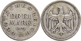 Weimar rep. 3 Mark 1924 D
 J#312, Ag.500 15g , 30mm, Munich
XF/VF