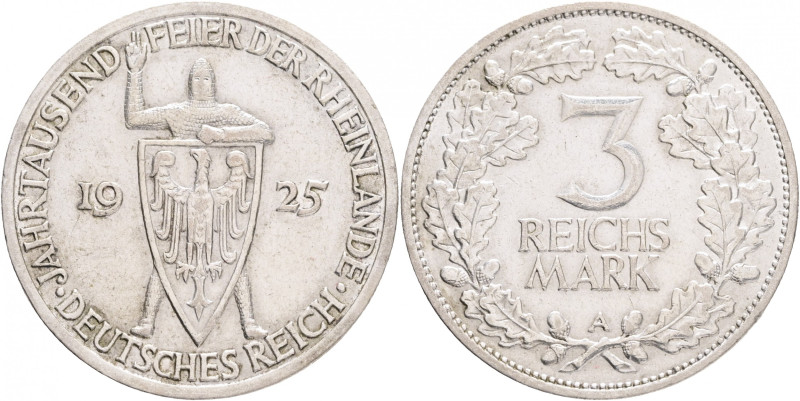 Weimar rep. 3 Mark 1925 A 1000th Anniversary of Rheinland
 J#321, Ag. 500 15,01...
