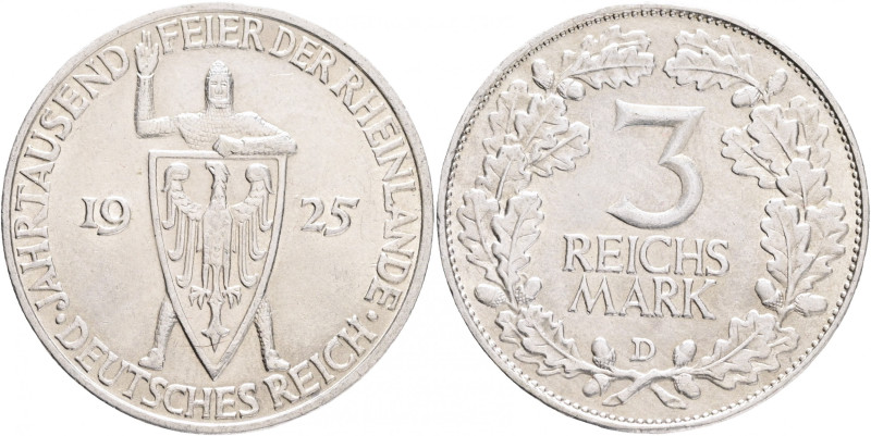 Weimar rep. 3 Mark 1925 D 1000th Anniversary of Rheinland
 J#321, Ag. 500 15,01...