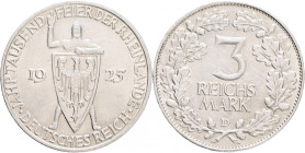 Weimar rep. 3 Mark 1925 D 1000th Anniversary of Rheinland
 J#321, Ag. 500 15,01g, 30/2,5 mm, Munich, plce with lustr mint
UNC-