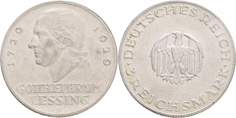 Weimar rep. 3 Mark 1929 D 200th Anniversary of Gotthold Lessing
 J#335, Ag.500 ...