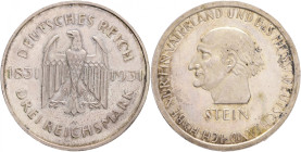 Weimar rep. 3 Mark 1931 A 100th Anniversary Death Heinrich vom Stein
 J#348, Ag. 500 15,0g, 30/2,5 mm ,Berlin
UNC-