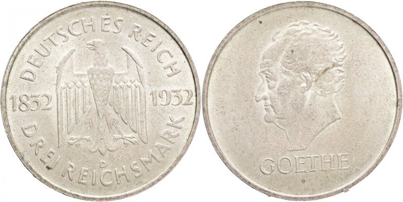 Weimar rep. 3 Mark 1932 D Centenary - Death of Goethe
 J#350, Ag.500 15g , 30mm...