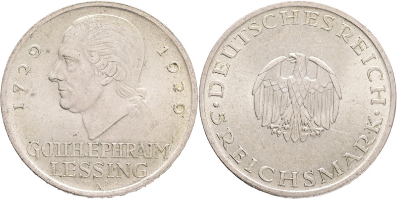Weimar rep. 5 Mark 1929 A 200th Anniversary of Gotthold Lessing
 J#336, Ag.500 ...