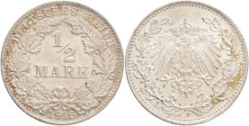 Germany empire 1/2 Mark 1918 D WILLHELM II. 
J#16 Ag.900 2,78g 20/1,05mm D Munich 
UNC
