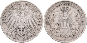 Germany empire 2 Mark 1896 J Free Hanseatic City
J#65, Ag.900 10,99g, 28,2/1,95mm J Hamburg patina
VF