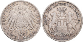 Germany empire 2 Mark 1901 J Free Hanseatic City
J#65, Ag.900 10,96g, 28mm J Hamburg patina
VF