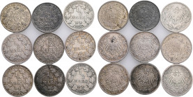 Germany empire Lot 9 coins 1/2 Mark 1905,06,09,13,14,15A,1906,15D,17G
J#16 Ag.900 2,78g 20/1,05mm diferent mints
XF/VF