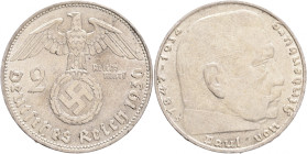 Third Reich 2 Mark 1936 D P.von Hindenburg and cross
J#366 Ag.625 8g, 25/2,15mm D Munich, 
XF