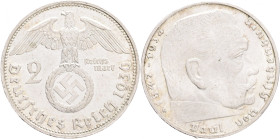 Third Reich 2 Mark 1936 G P.von Hindenburg and cross
J#366 Ag.625 8g, 25/2,15mm G Karlsruhe
UNC-