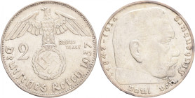 Third Reich 2 Mark 1937 E P.von Hindenburg and cross
J#366 Ag.625 8g, 25/2,15mm E Muldenhütten
XF-
