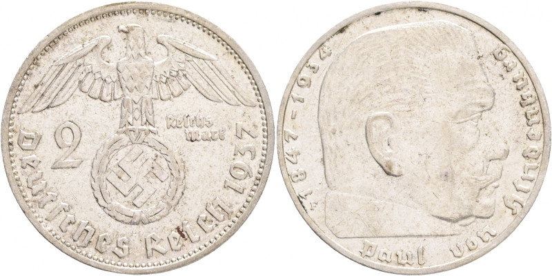 Third Reich 2 Mark 1937 F P.von Hindenburg and cross
J#366 Ag.625 8g, 25/2,15mm...