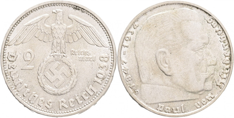 Third Reich 2 Mark 1938 D P.von Hindenburg and cross
J#366 Ag.625 8g, 25/2,15mm...