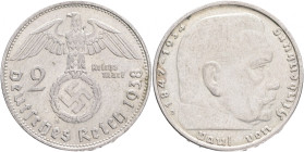 Third Reich 2 Mark 1938 E P.von Hindenburg and cross
J#366 Ag.625 8g, 25/2,15mm E Muldenhütten
XF+