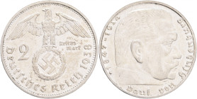 Third Reich 2 Mark 1938 G P.von Hindenburg and cross
J#366 Ag.625 8g, 25/2,15mm G Karlsruhe
XF