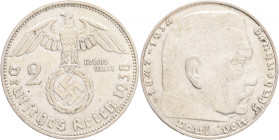 Third Reich 2 Mark 1938 J P.von Hindenburg and cross
J#366 Ag.625 8g, 25/2,15mm J Hamburg
XF