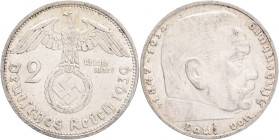 Third Reich 2 Mark 1939 F P.von Hindenburg and cross
J#366 Ag.625 8g, 25/2,15mm F Stuttgarg, patina
XF