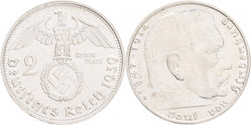 Third Reich 2 Mark 1939 G P.von Hindenburg and cross
J#366 Ag.625 8g, 25/2,15mm G Karlsruhe
XF+