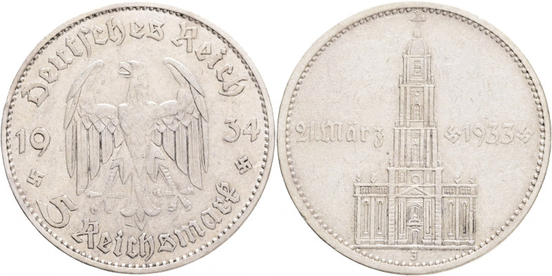 Third Reich 5 Mark 1934 J Potsdam and date
J#356 Ag.900 13,88g, 29mm J Hamburg...